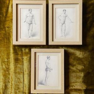 French School, Early 20th Century, Male Academy Drawing In Pencil, Athlete, Gymnasium, Trio
