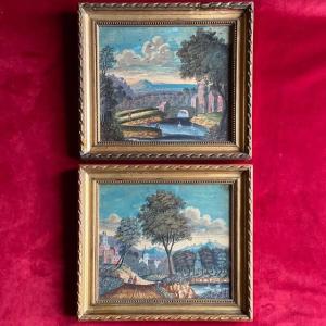 19th-century Foreign School, Pair Of Watercolors, Naive Style, Lively Landscapes, Castles