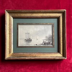 Christian DREIBHOLTZ (1799-1874), marine, bateaux, lavis, signé, cachet collection BEURDELEY