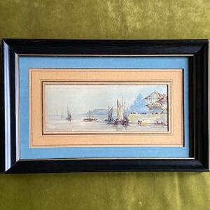 French School, 19th Century, Marine Scene, Bustling Port, Fisherman, Boat, Watercolor, Well Framed