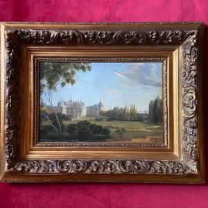 Ecole Française du début du XIXe siècle, vue du château de Chambord, paysage, cadre ancien doré