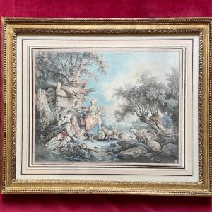 Large 19th Century Color Engraving, 18th Century Taste, Pastoral By Ap. J. B. Huet (1745-1811), Demarteau