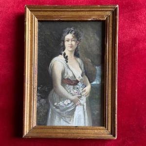 19th Century French School, Small Portrait Of A Young Woman With Flowers, Gouache, Gilded Frame