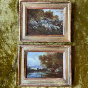 Paire d'huiles, panneaux, Ch. DESHAYES (1831-?), paysages datés signés, Fontainebleau, Barbizon
