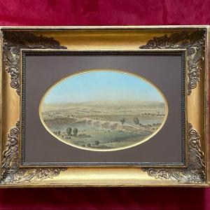 Att. To Théodore Jung (1803-1865), Battle Scene, Large Watercolor, Oval, Empire Frame