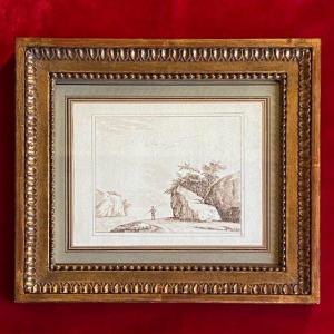 18th-century Flemish School, Landscape, Fisherman, Ink, Lugt Collection Number 2059, Frame