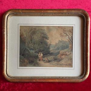 Claude Thienon (1772–1848), Moreau, Lively Landscape, Italy: Tivoli, Rome; Flower; Signed Watercolor 