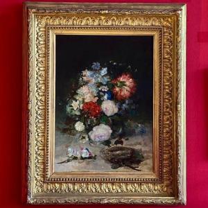 Antonio  PEREZ-RUBIO (1822 - 1888), huile sur panneau signée, bouquet de fleurs, cadre ancien 