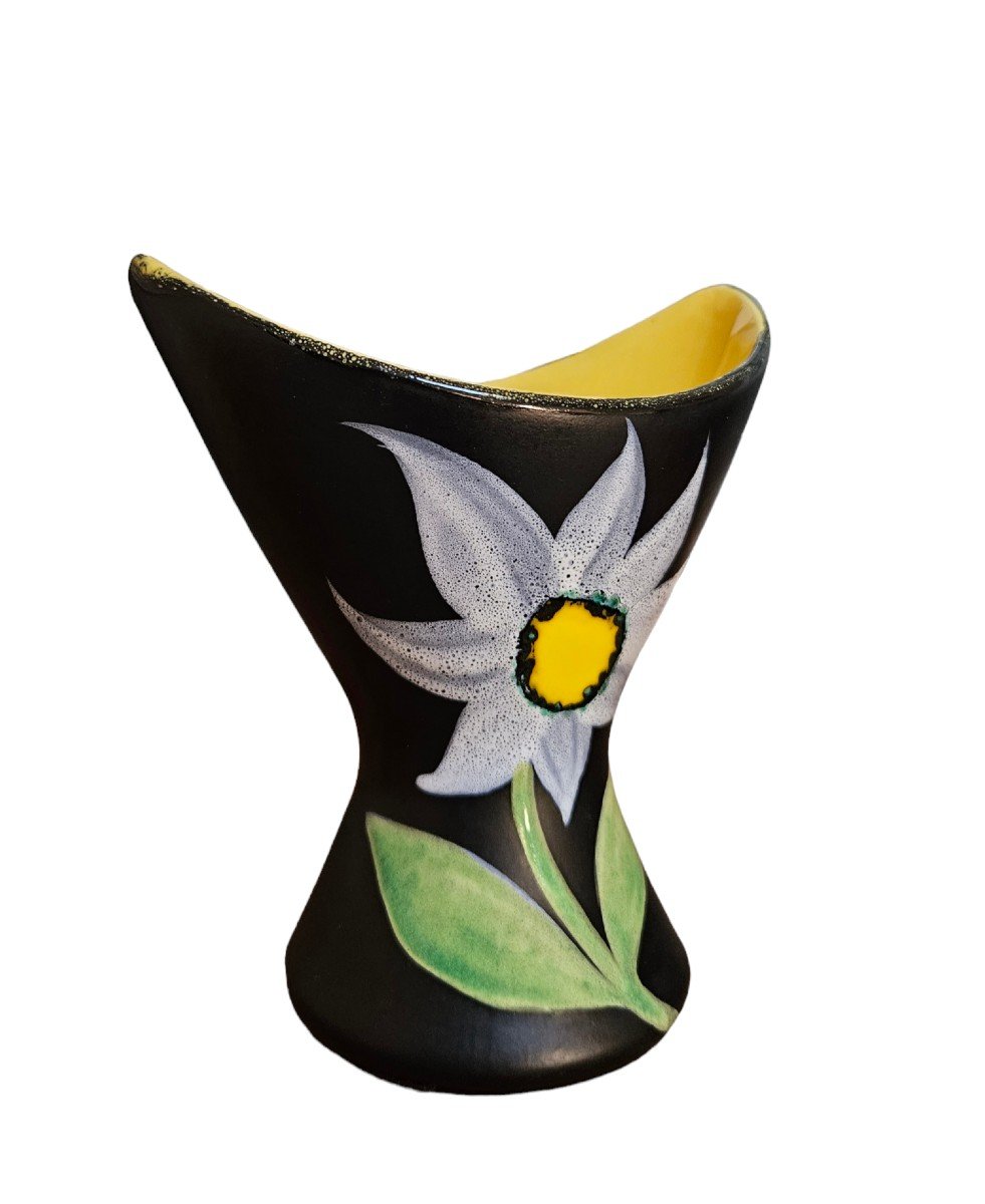 Vintage “black Flower” Vase Signed Gf For Gabriel Fourmaintraux-photo-3
