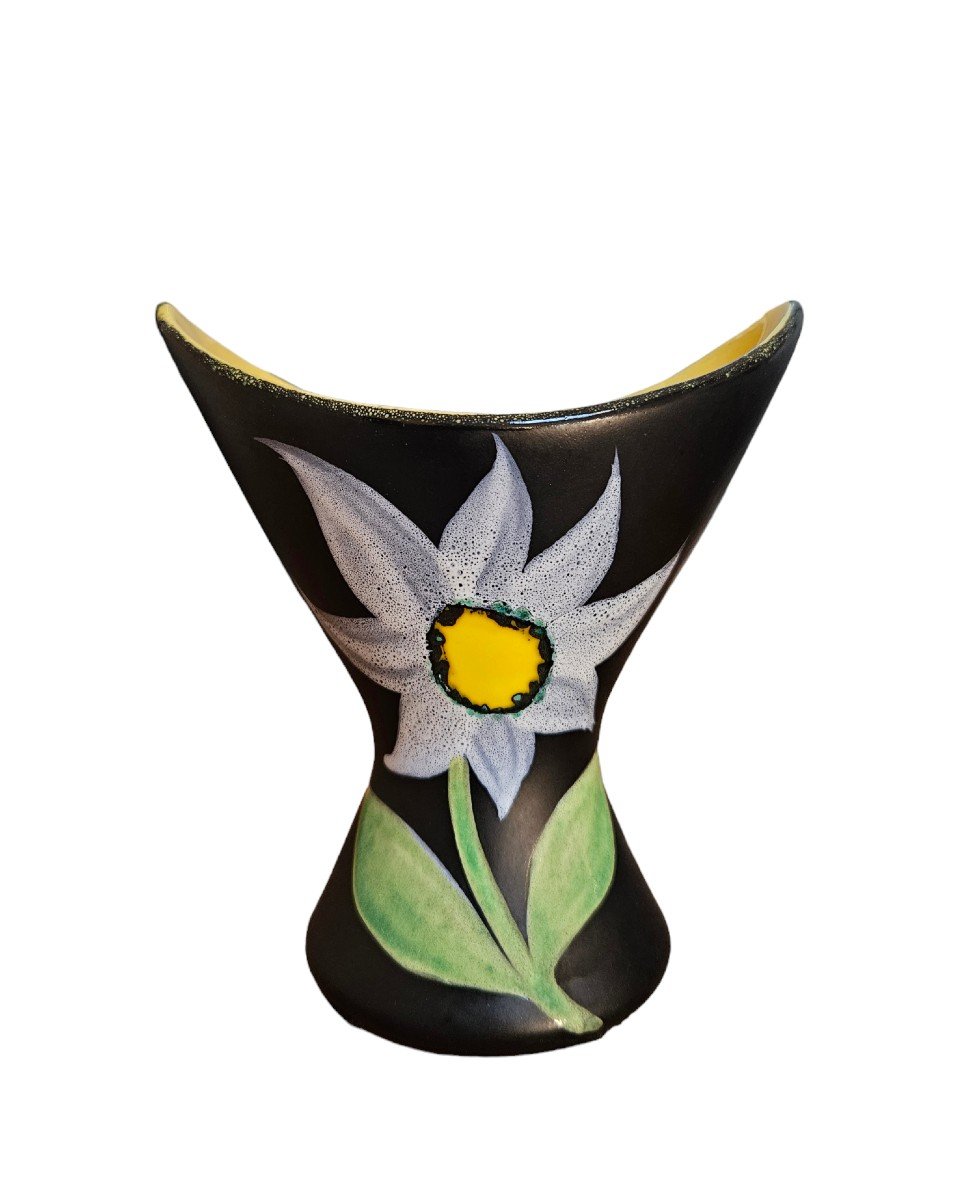 Vase Vintage "fleur Noir" Signé Gf Pour Gabriel Fourmaintraux