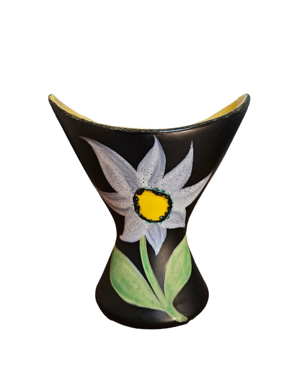 Vintage “black Flower” Vase Signed Gf For Gabriel Fourmaintraux