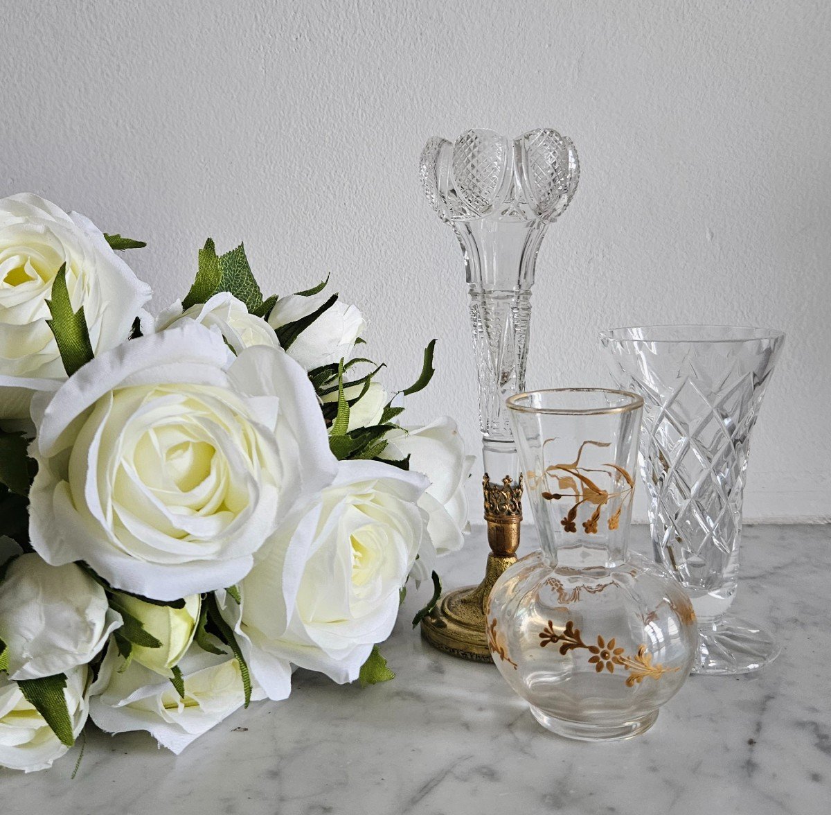 Set Of Three Glass And Crystal Vases