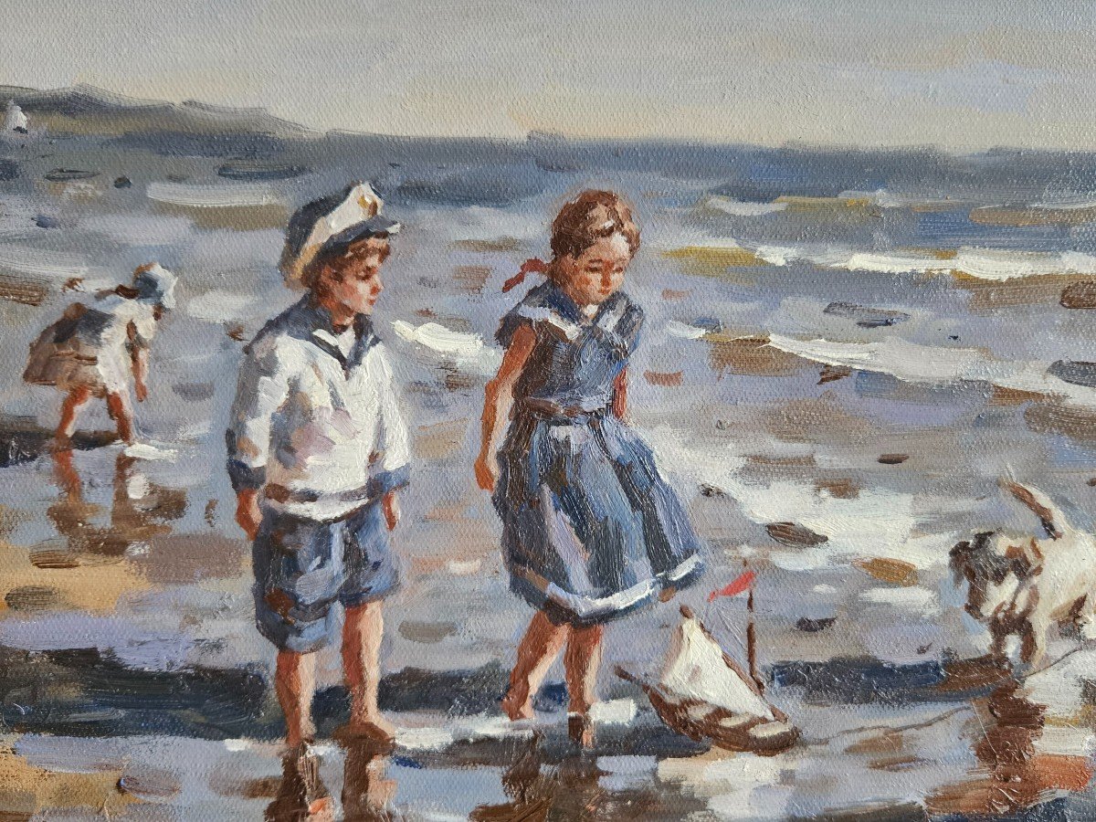 Oil Painting "children On The Beach And The Little Sailboat" Francis Cristaux-photo-2