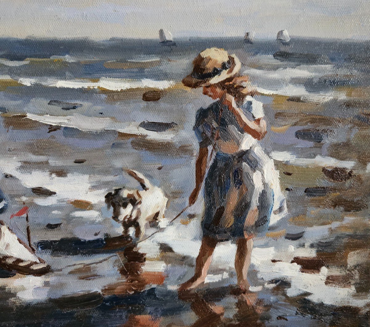 Oil Painting "children On The Beach And The Little Sailboat" Francis Cristaux-photo-3