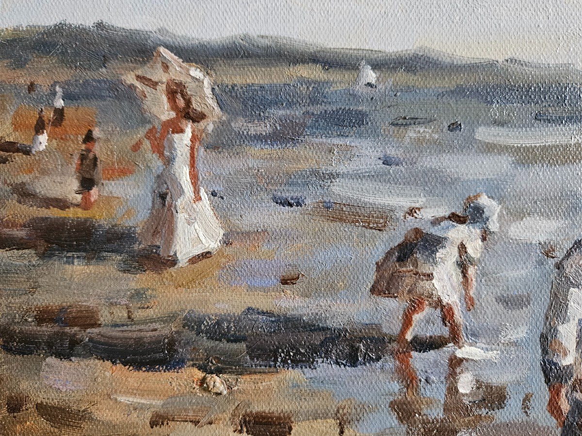 Oil Painting "children On The Beach And The Little Sailboat" Francis Cristaux-photo-4