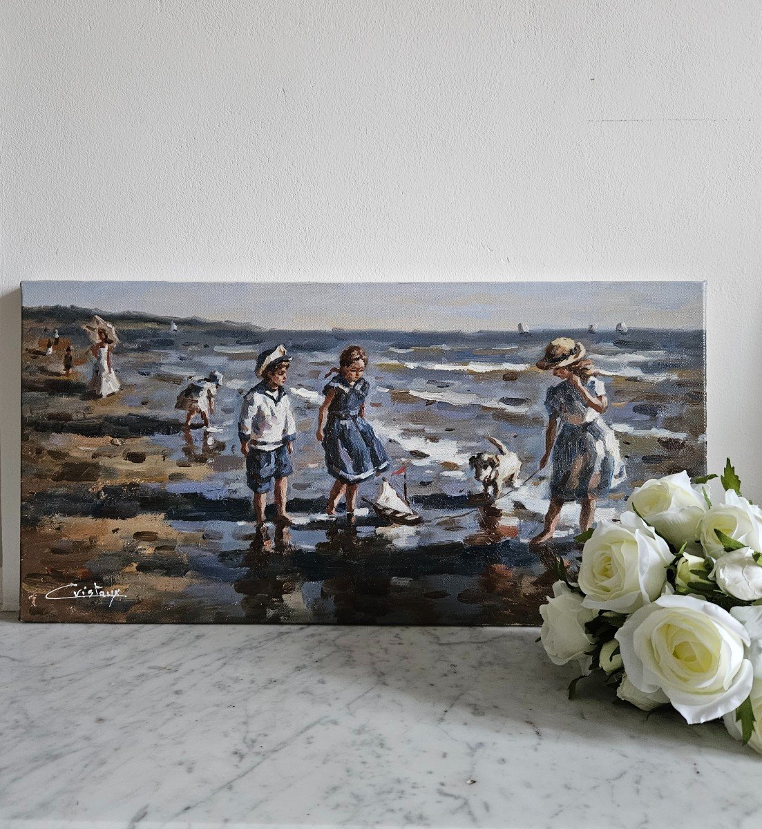 Oil Painting "children On The Beach And The Little Sailboat" Francis Cristaux-photo-1