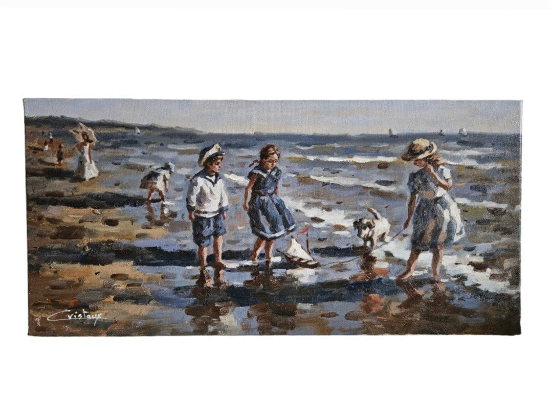 Oil Painting "children On The Beach And The Little Sailboat" Francis Cristaux