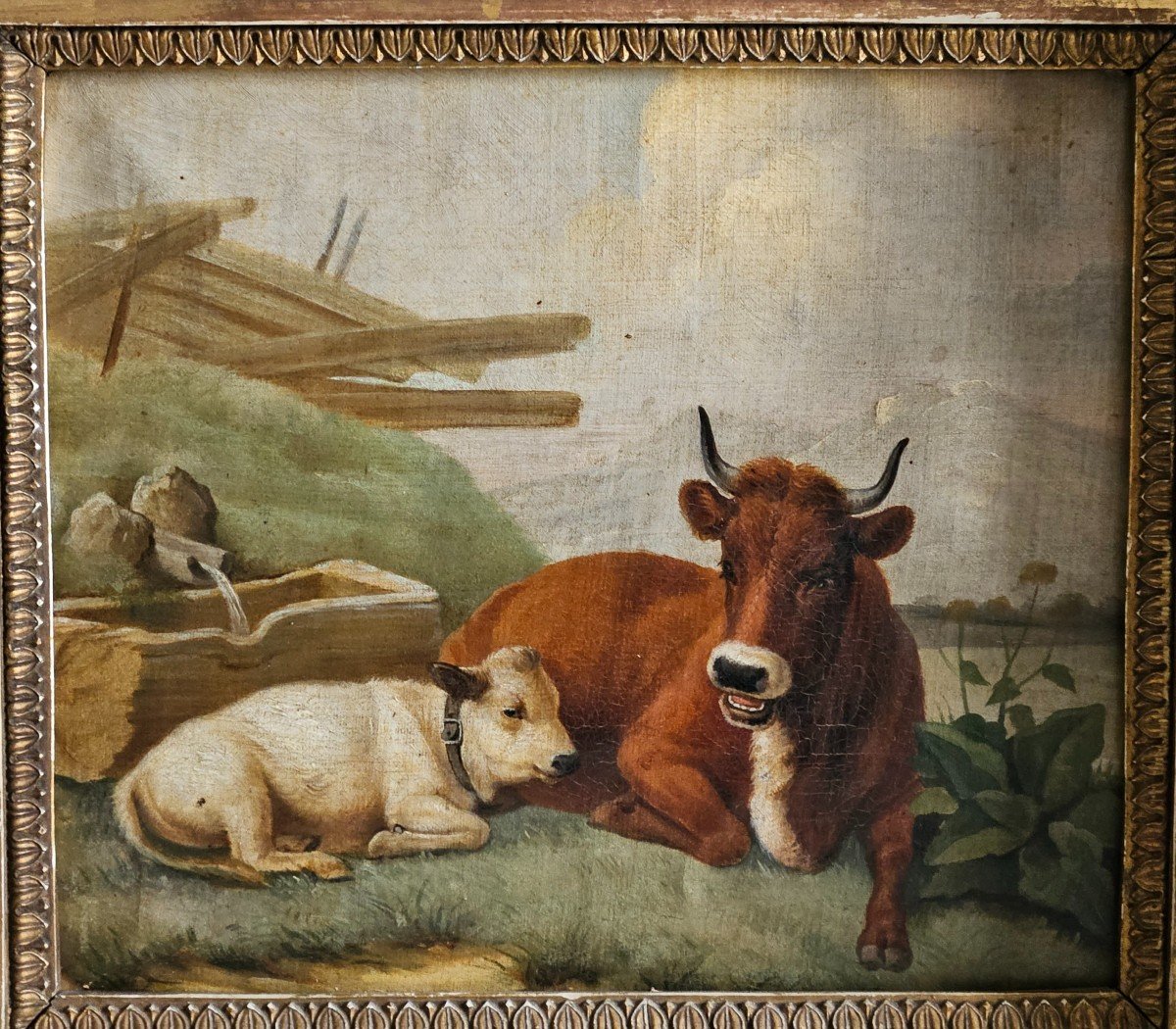 La Vache Et Son Veau à l'Abreuvoir - Ecole Belge XIXème Siècle-photo-2