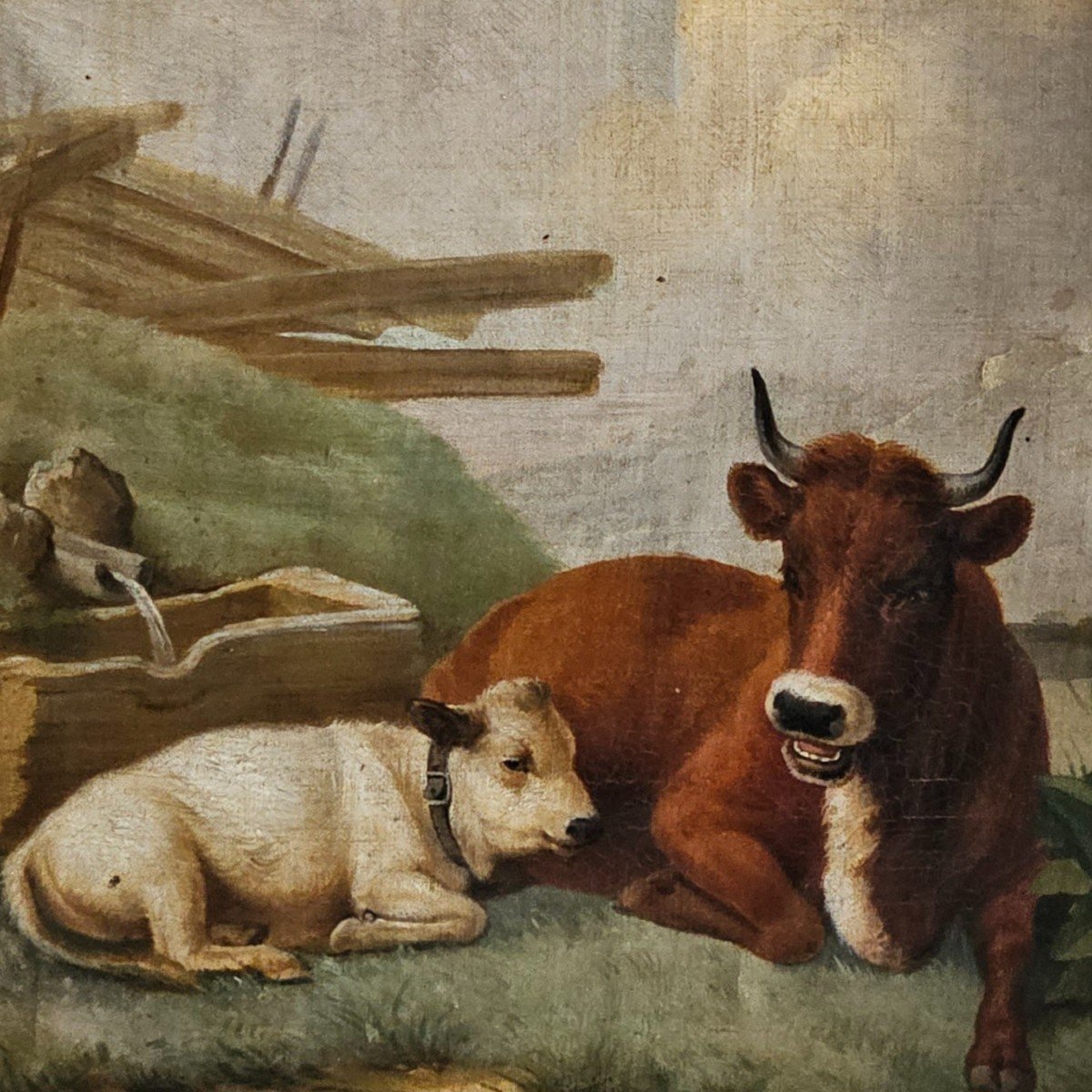 La Vache Et Son Veau à l'Abreuvoir - Ecole Belge XIXème Siècle-photo-3