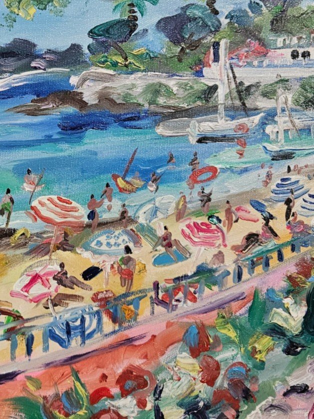 Yvon Grac Oil On Canvas “animated Baie Des Fourmis Beach Beaulieu Sur Mer”-photo-2