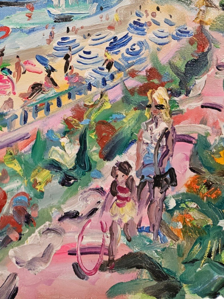 Yvon Grac Oil On Canvas “animated Baie Des Fourmis Beach Beaulieu Sur Mer”-photo-3