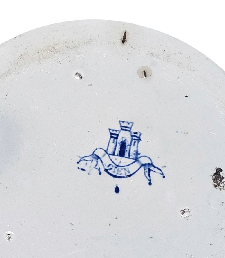 Inkwell In Earthenware With Blue And White Floral Decoration, Brass Frame, Late 19th Century-photo-4