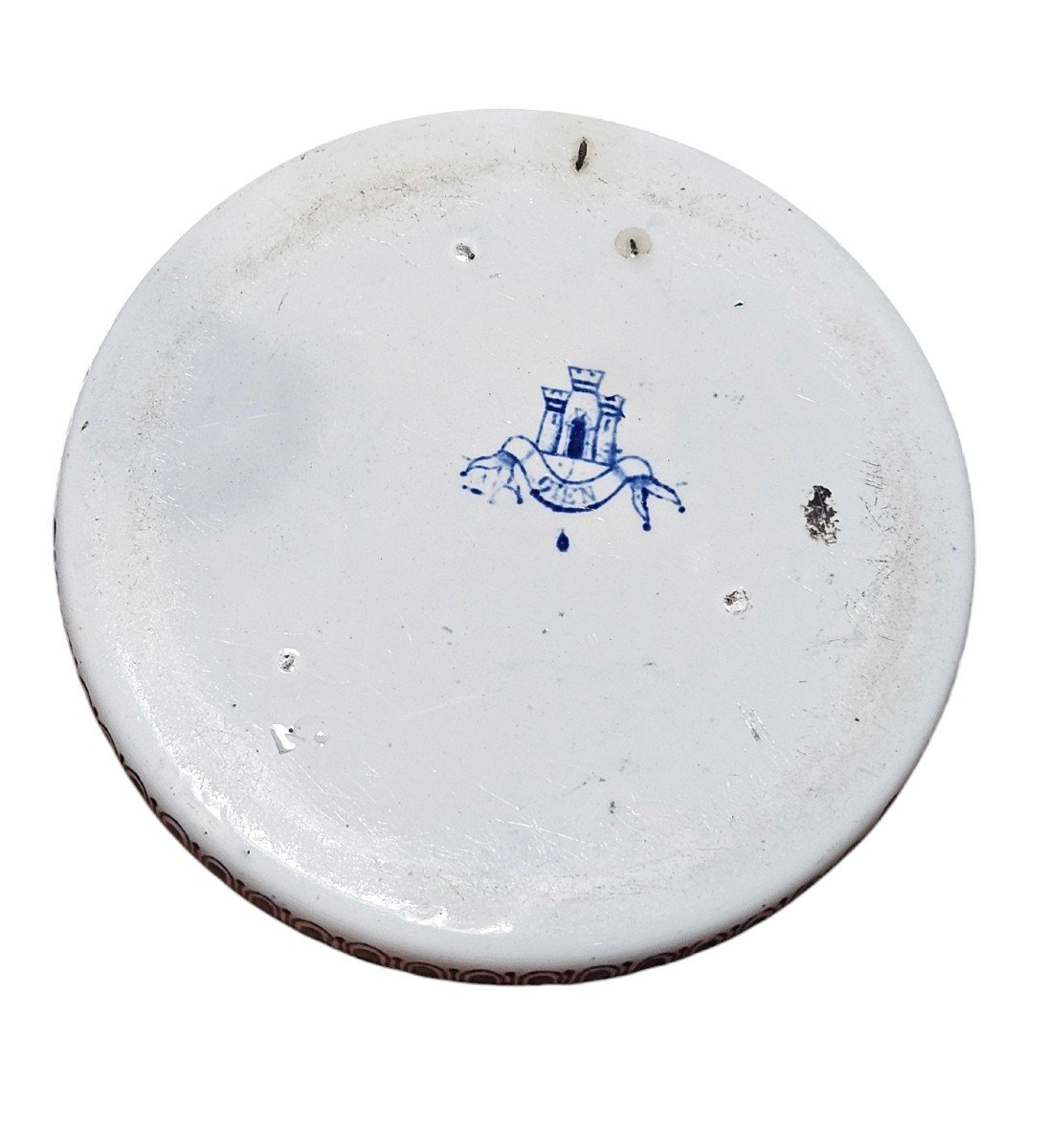 Inkwell In Earthenware With Blue And White Floral Decoration, Brass Frame, Late 19th Century-photo-6