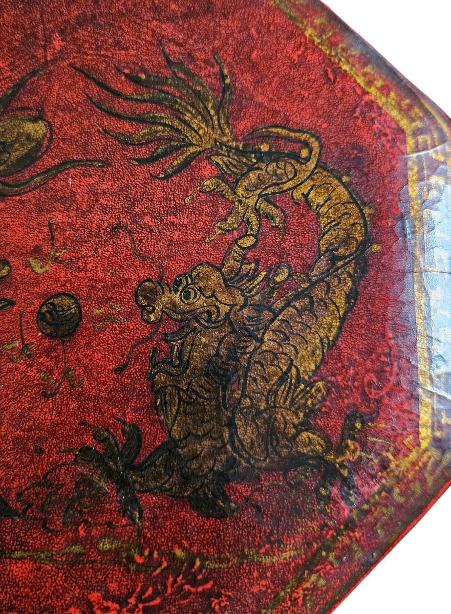 Antique Chinese Red Lacquered Wooden Box – Dragon And Phoenix – Early 20th Century-photo-3