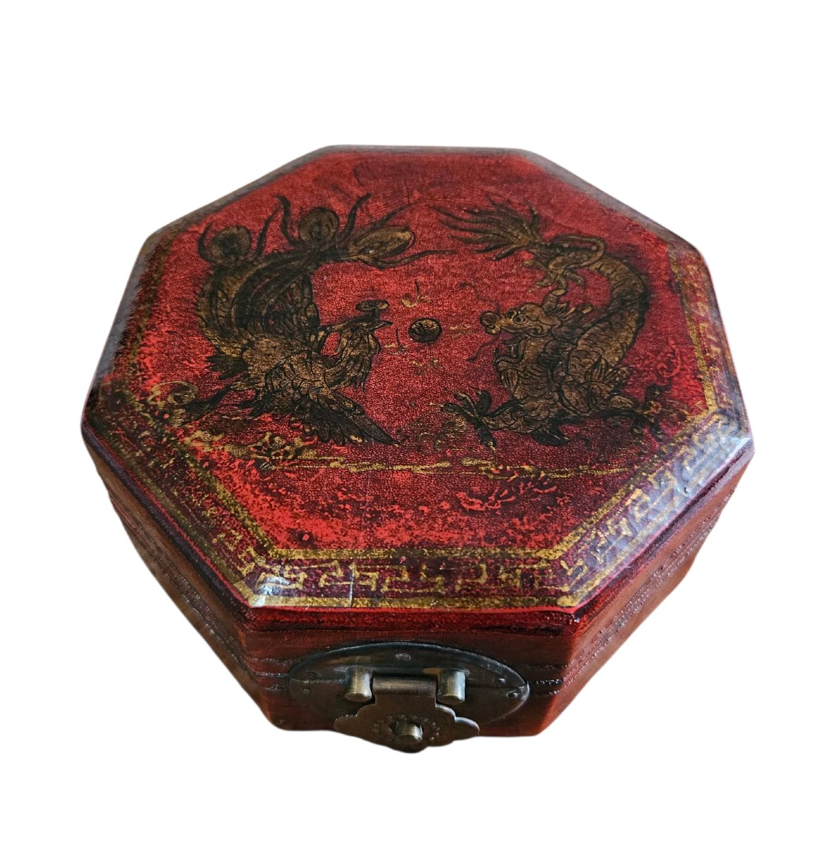 Antique Chinese Red Lacquered Wooden Box – Dragon And Phoenix – Early 20th Century-photo-4