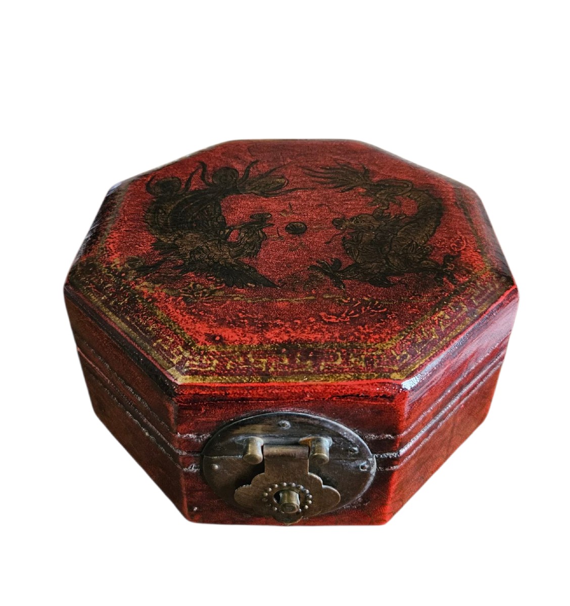 Antique Chinese Red Lacquered Wooden Box – Dragon And Phoenix – Early 20th Century