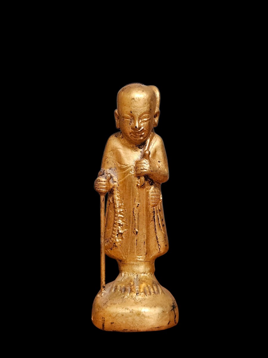 Statuette moine bois doré laqué Mandalay XIXe Ksitigarbha Jizō  - Birmanie