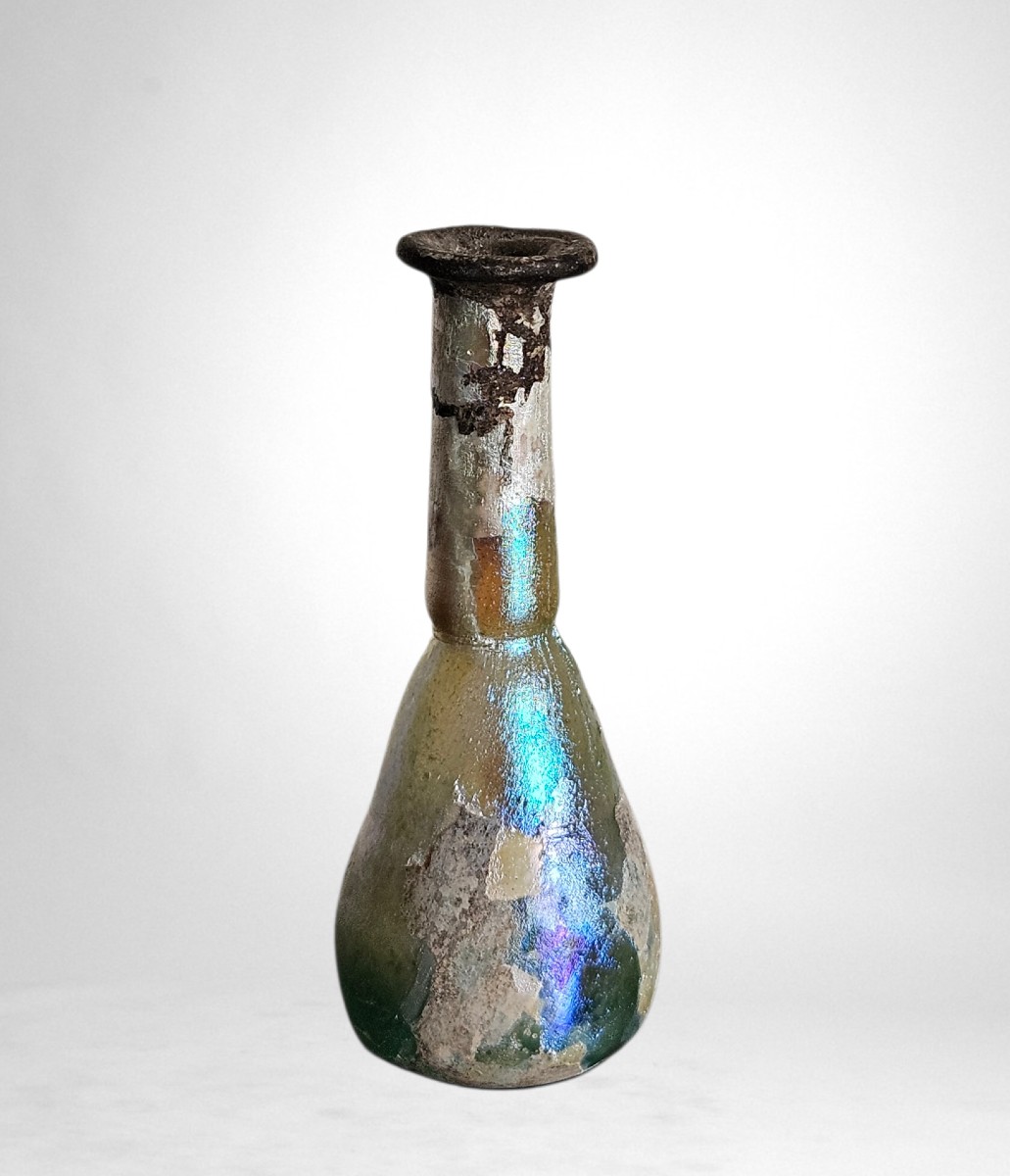 Ancient Roman Unguentarium, Iridescent Blown Glass, 1st–2nd Century
