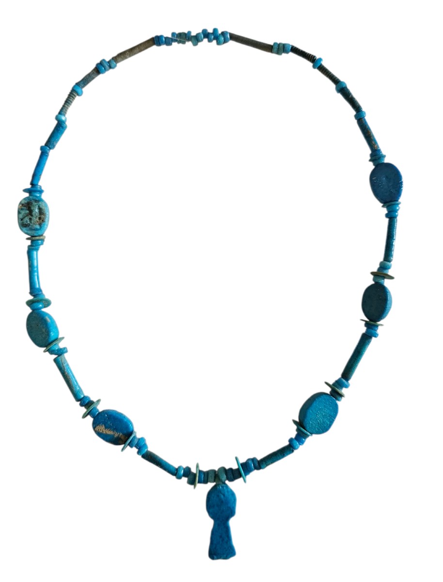 Collier Égypte ancienne Basse Époque/Ptolémaïque – Scarabées faïence & amulette pilier Djed-photo-1