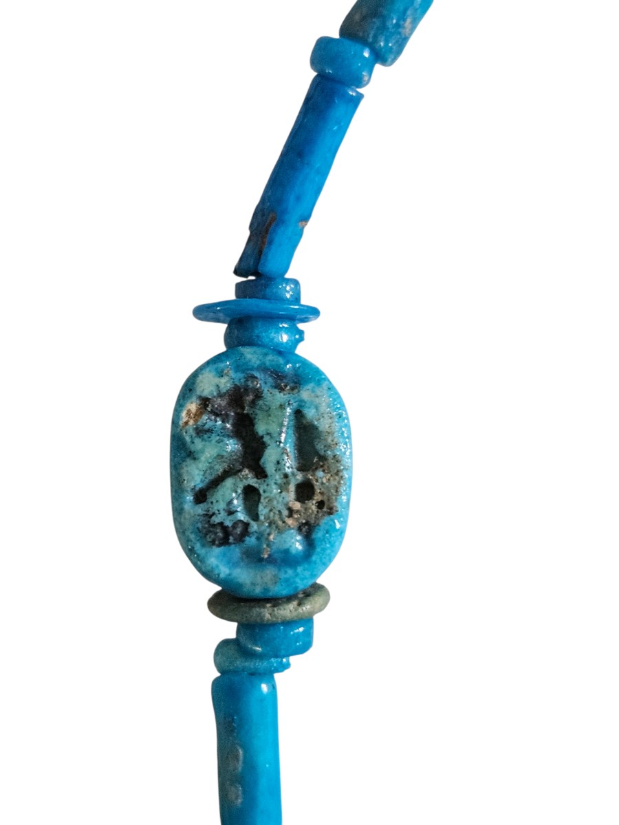 Collier Égypte ancienne Basse Époque/Ptolémaïque – Scarabées faïence & amulette pilier Djed-photo-3