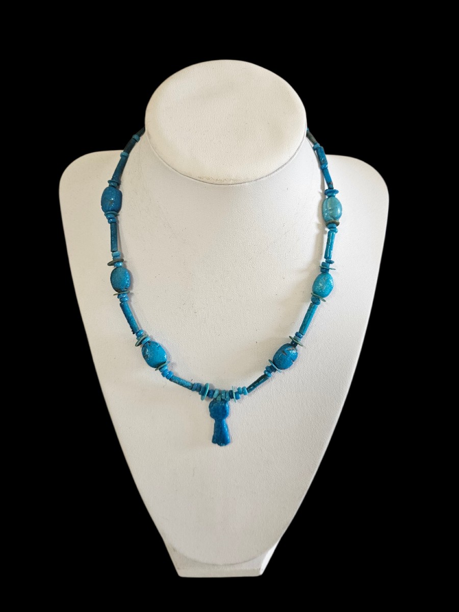 Collier Égypte ancienne Basse Époque/Ptolémaïque – Scarabées faïence & amulette pilier Djed