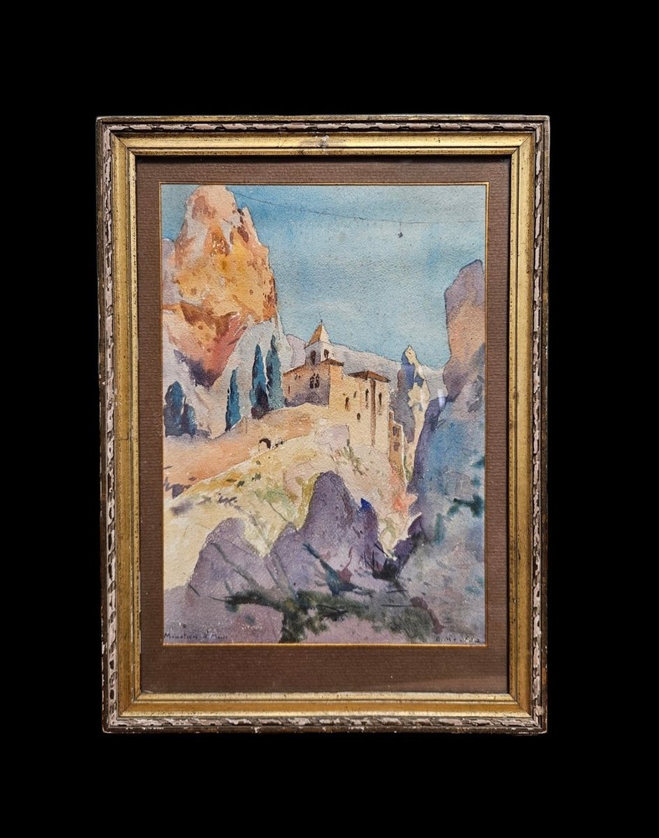 Aquarelle  Gustav-Adolf MOSSA (1883 - 1971) — Moustiers-Sainte-Marie.