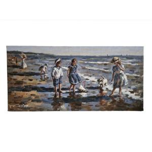 Peinture à l'Huile "enfants Sur La Plage Et Le Petit Voilier" Francis Cristaux