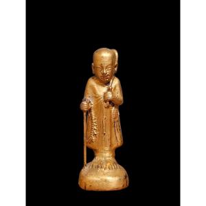 Monk Statuette In Lacquered Gilded Wood Mandalay 19th Century Ksitigarbha Jizō - Burma