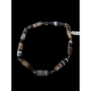 Antique Necklace Made Of Banded Agate Beads, Tibet, Nepal, 19th Century.