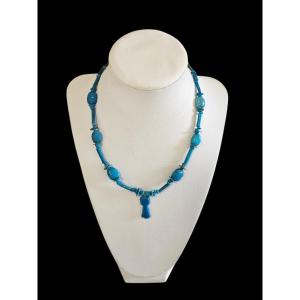 Ancient Egyptian Necklace, Late Period/ptolemaic – Faience Scarabs & Djed Pillar Amulet