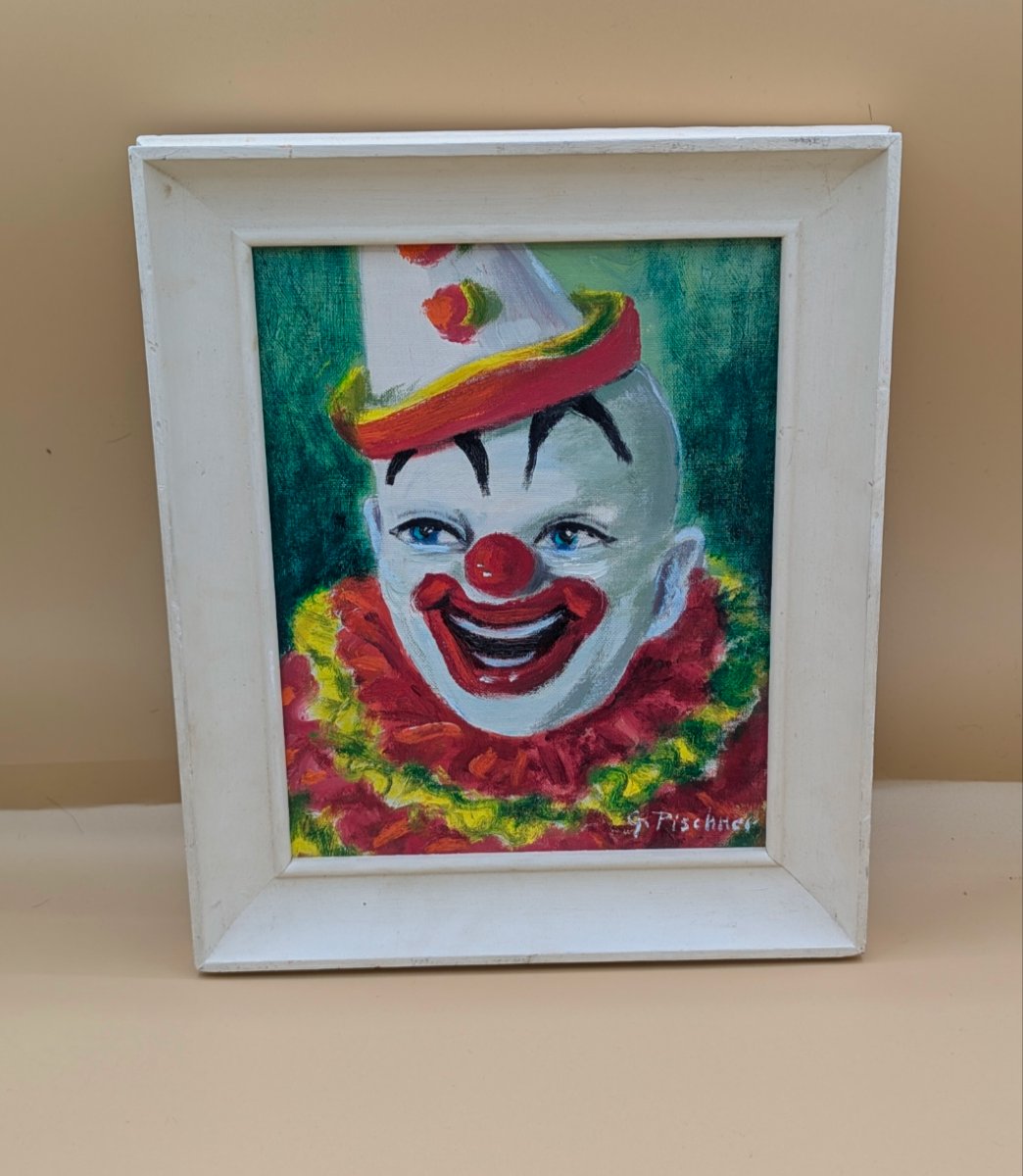 Grace Pischner – Portrait Of A Clown – Signed Oil On Canvas – 1950s/60s