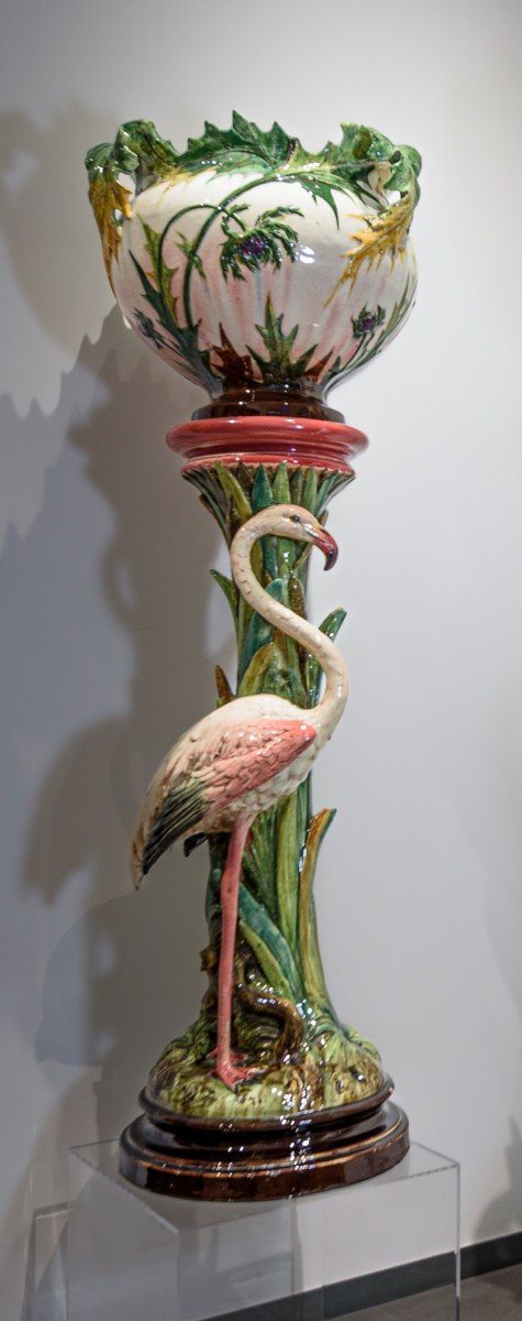 Jérome Massier, Pair Of Heron And Flamingo Planters And Sellettes, Majolica Vallauris-photo-2