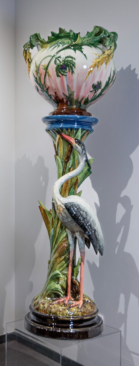Jérome Massier, Pair Of Heron And Flamingo Planters And Sellettes, Majolica Vallauris-photo-3