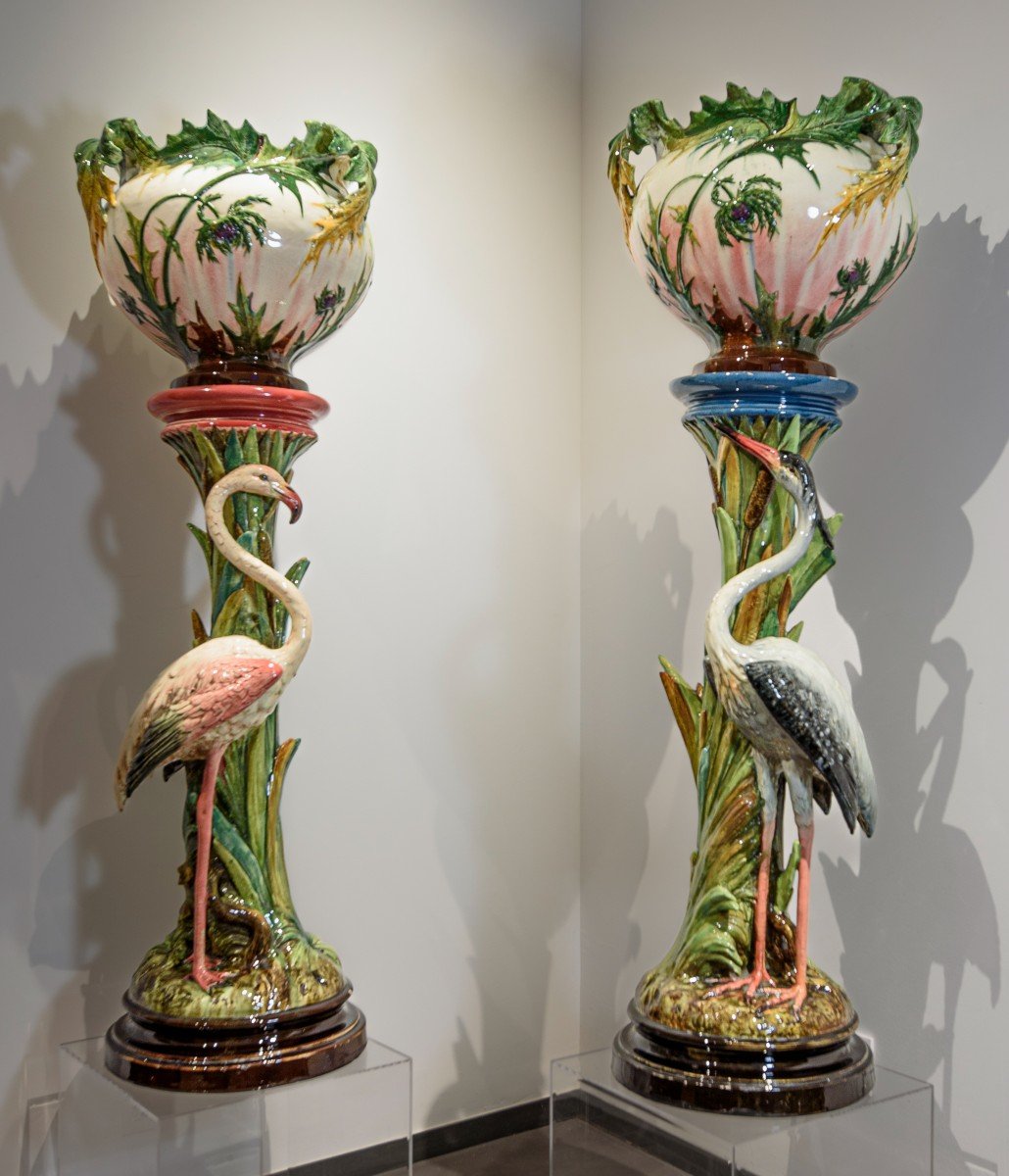 Jérome Massier, Pair Of Heron And Flamingo Planters And Sellettes, Majolica Vallauris