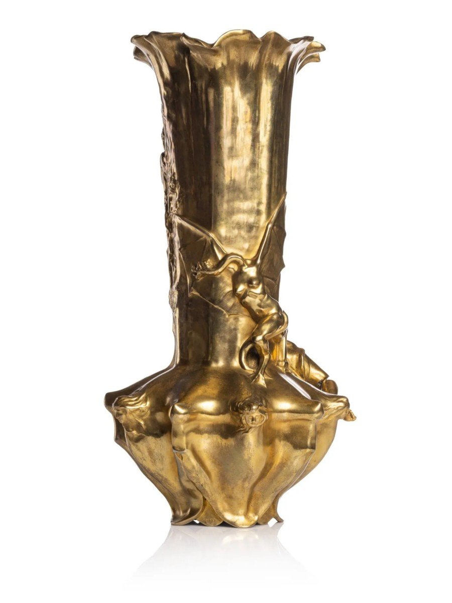 Raoul Larche (1860-1912) - "rêves" Symbolist Golden Bronze Vase-photo-2