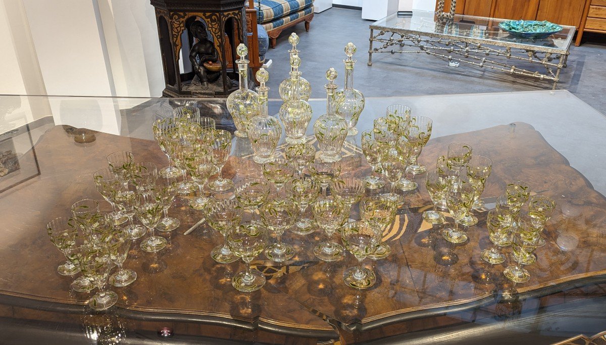 Edmond Lachenal & Daum Nancy, Rare "mistletoe" Glass And Decanter Set, 12 People, Art Nouveau-photo-2