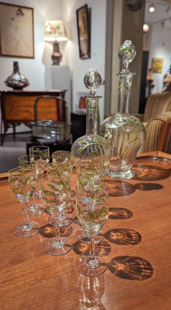 Edmond Lachenal & Daum Nancy, Rare Service Verres Et Carafes "Gui", 6/12 Personnes, Art Nouveau-photo-3
