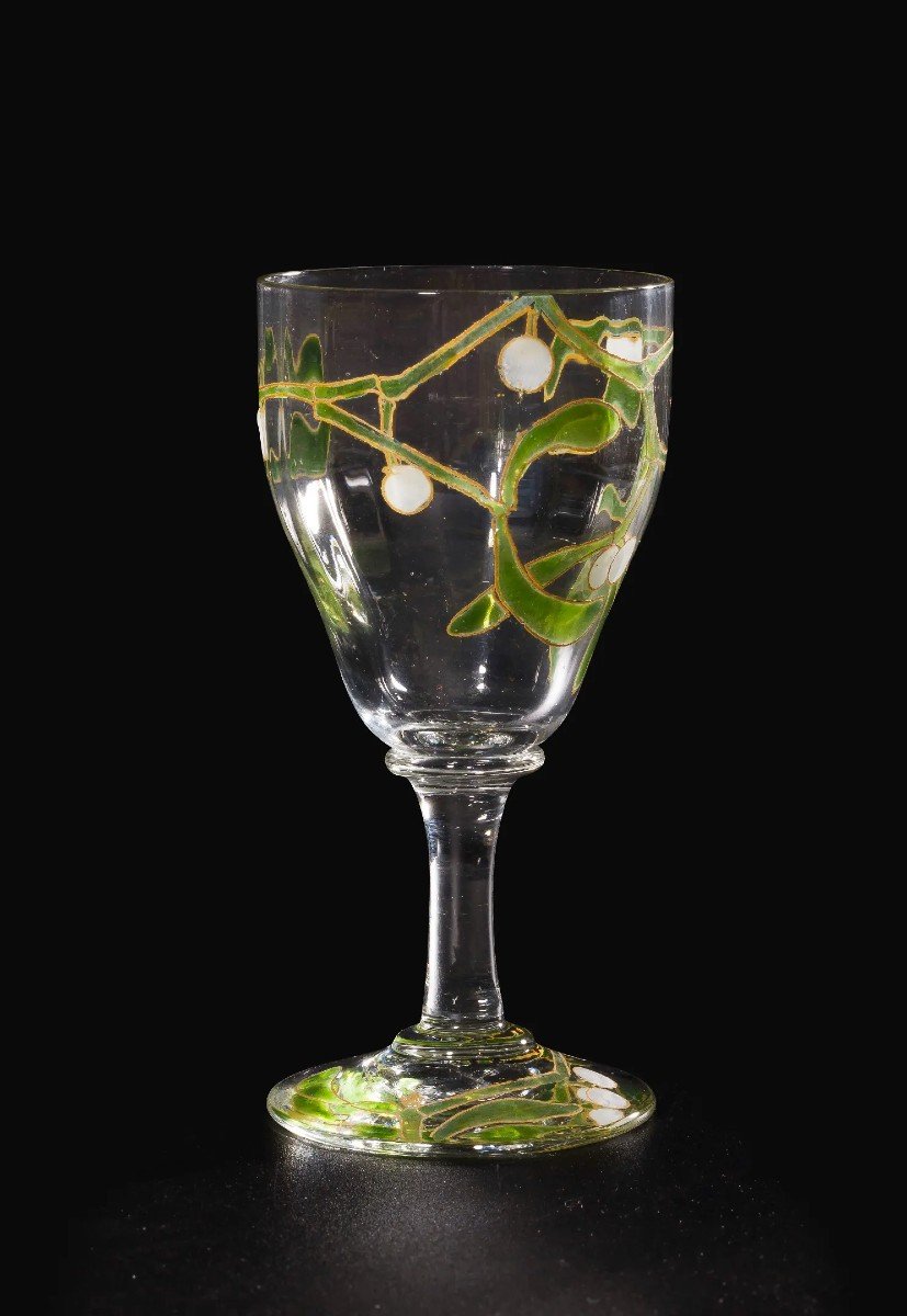 Edmond Lachenal & Daum Nancy, Rare "mistletoe" Glass And Decanter Set, 12 People, Art Nouveau-photo-2