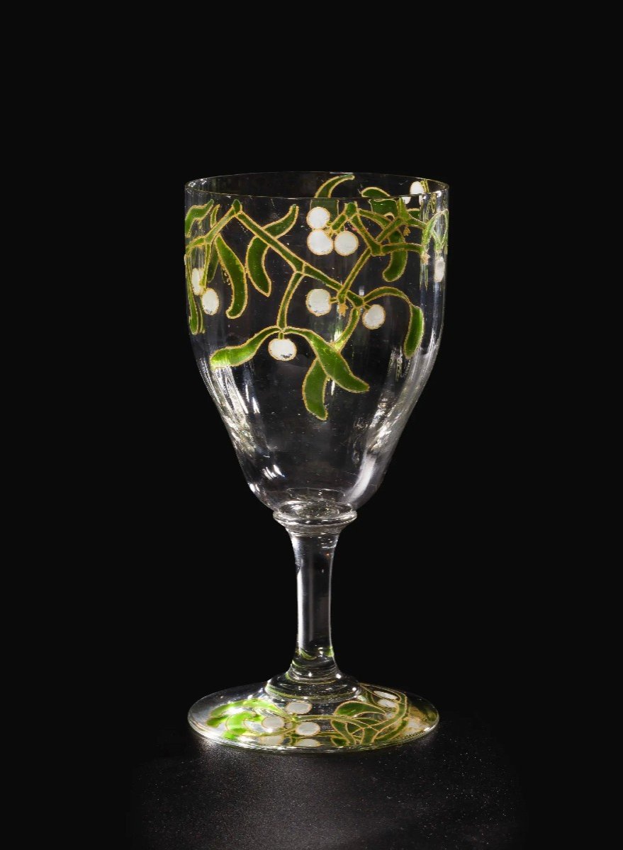 Edmond Lachenal & Daum Nancy, Rare Service Verres Et Carafes "Gui", 6/12 Personnes, Art Nouveau-photo-5