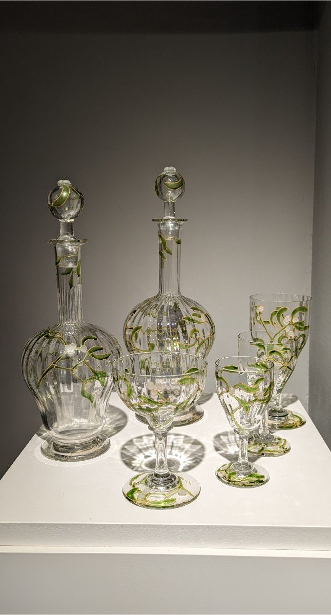 Edmond Lachenal & Daum Nancy, Rare "mistletoe" Glass And Decanter Set, 12 People, Art Nouveau